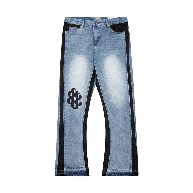 American retro washed letter spliced denim trousers high street trendy brand couple loose straight micro-flared long trousers 3