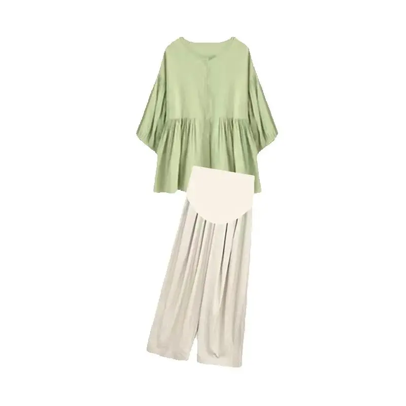 Korean Style Maternity Clothes Set Loose Casual Half Sleeve Shirts+Cotton Linen Belly Pants Twinset Pregnant Woman Trousers Sets