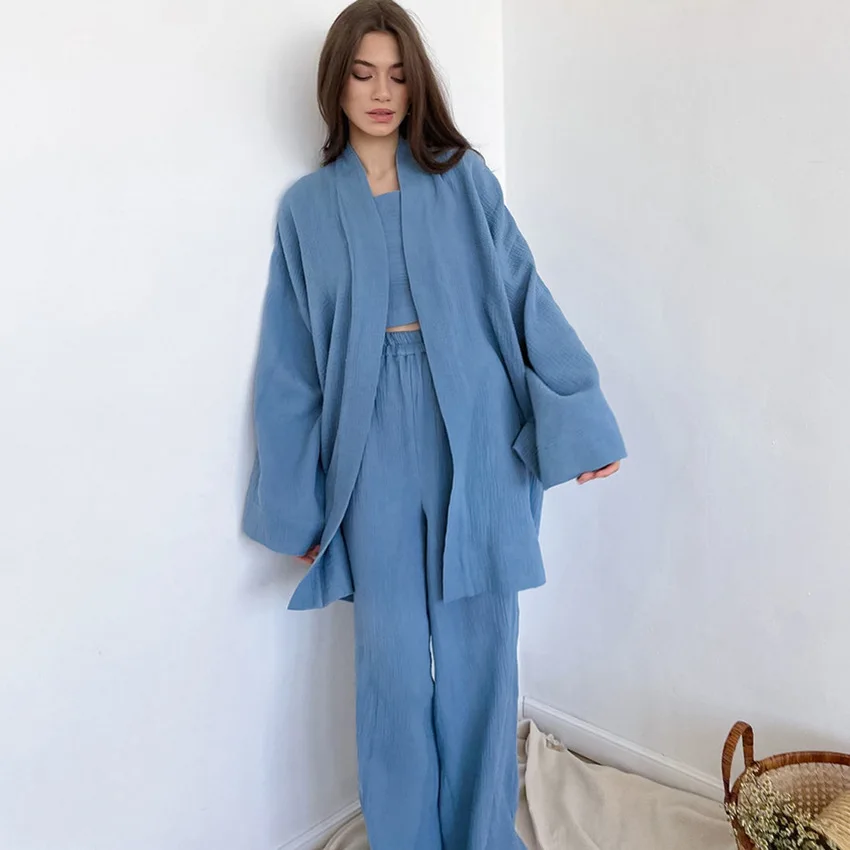 

Japanese Kimono Set 100% Cotton Bathrobe Sexy Pajamas Two-piece Loose Sweat Steaming Suit Home Service Set Fashion Sleepwear