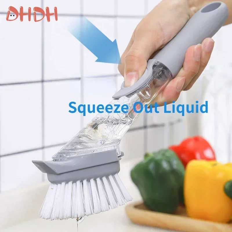 Kitchen Specific Press Type Long Handle Washing Pot Brush Refillable Liquid Cleaning Brush Non-Stick Oil Liquid Adding Pot kitchen pot brush kitchen cleaning brush kitchen cleaning tool