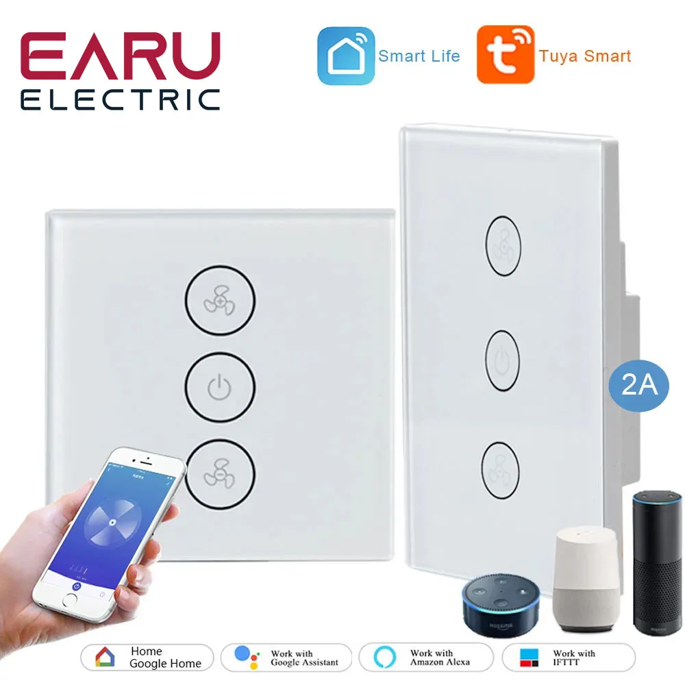 Earu EU US WiFi Smart Fan Motor Speed ​​Controller Glass Panel Wall Touch Switch Timer Remote Control Smart Life Tuya Alexa Google Home