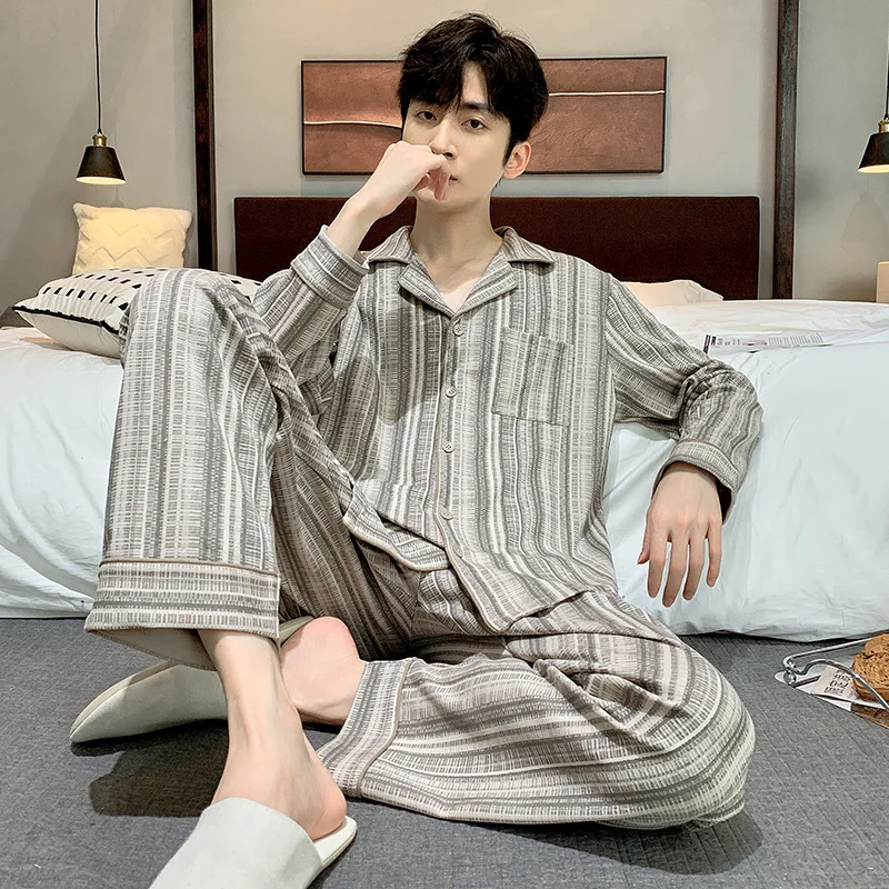 Spring Autumn Men's Cotton Pajamas Lapel Long sleeve Cardigan Pants Oversized Loose Casual Home Clothing Set