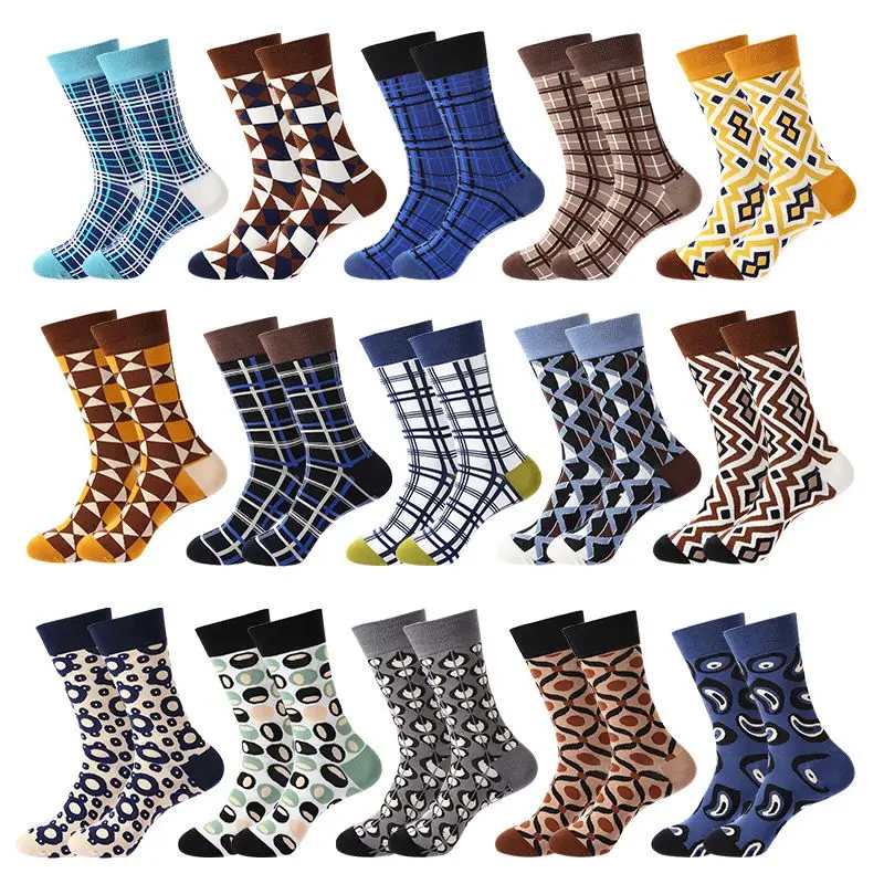 Men's Happy Retro Plaid Striped Socks Quality Geometric Pattern Diamond ...