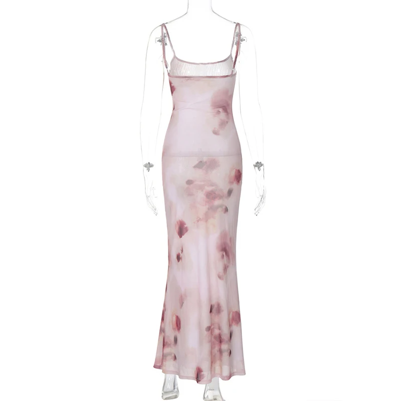 Summer Long Dress y2k Women Floral Print Square Neck Spaghetti Strap Sleeveless Bodycon Dress 2000s Club Party Dresses
