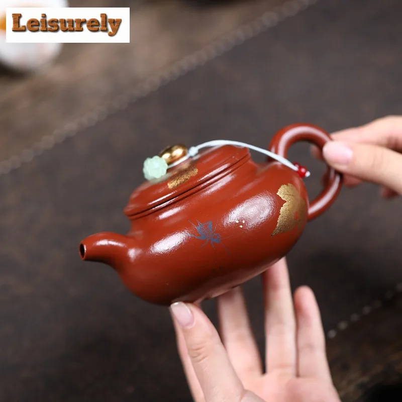 260ml Handmade Yixing Purple Clay Teapots Handmade Maple Leaf Gold Drawing Antique Pot Raw Ore Zhu Mud Kettle Zisha Tea Set Gift