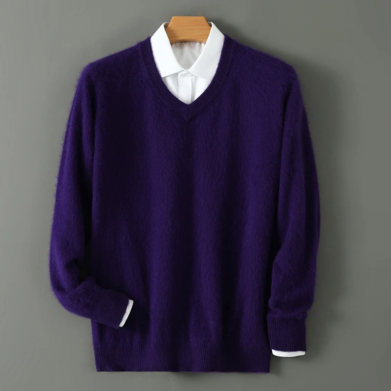 Winter New Long Sleeve High-End Jumpers Tops 100% Pure Mink Cashmere Sweater Men's V-Neck Pullovers Knit Large Size Mink Sweater 3
