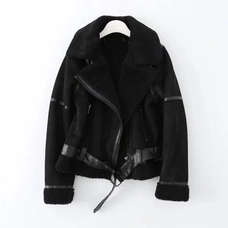 Winter Women Thick Warm Suede Lamb Fur Jacket Short Motorcycle Brown Coats Faux Shearling Sheepskin Leather Jackets Outerwear