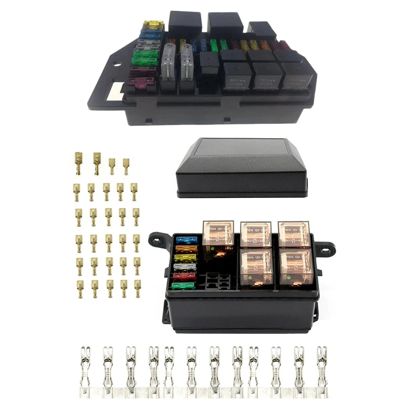 

38 Way Blade Fuse-Block And Fuse-Box With 12V Car Marine 6-Way Relay 6-Slot ATO/ATC Blade Fuse-Holder Box