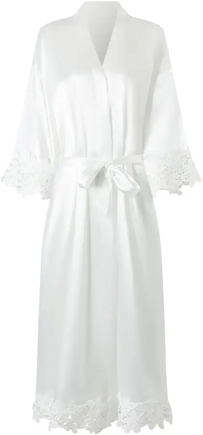 Womens Lace Trim Long Bridal Kimono Robes With Embroidery Bride Bridesmaid Satin Bathrobe Wedding Gifts 3