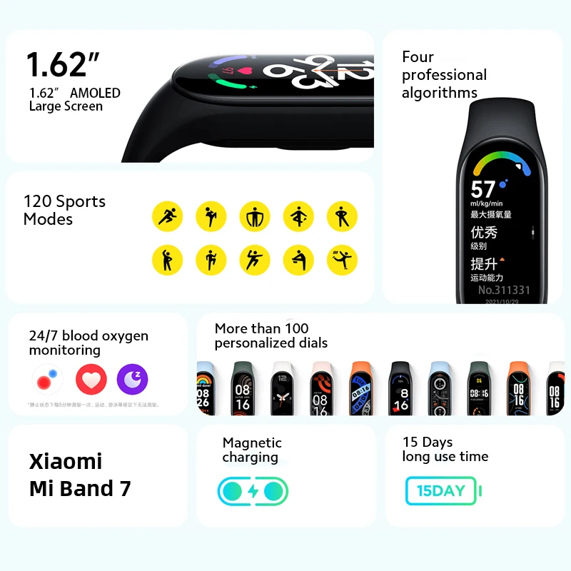 Original Xiaomi Band 7 1.62 AMOLED Smart Bracelet Blood Oxygen 8 Fitness  Traker Miband 7 Bluetooth 5ATM Waterproof Sport Band