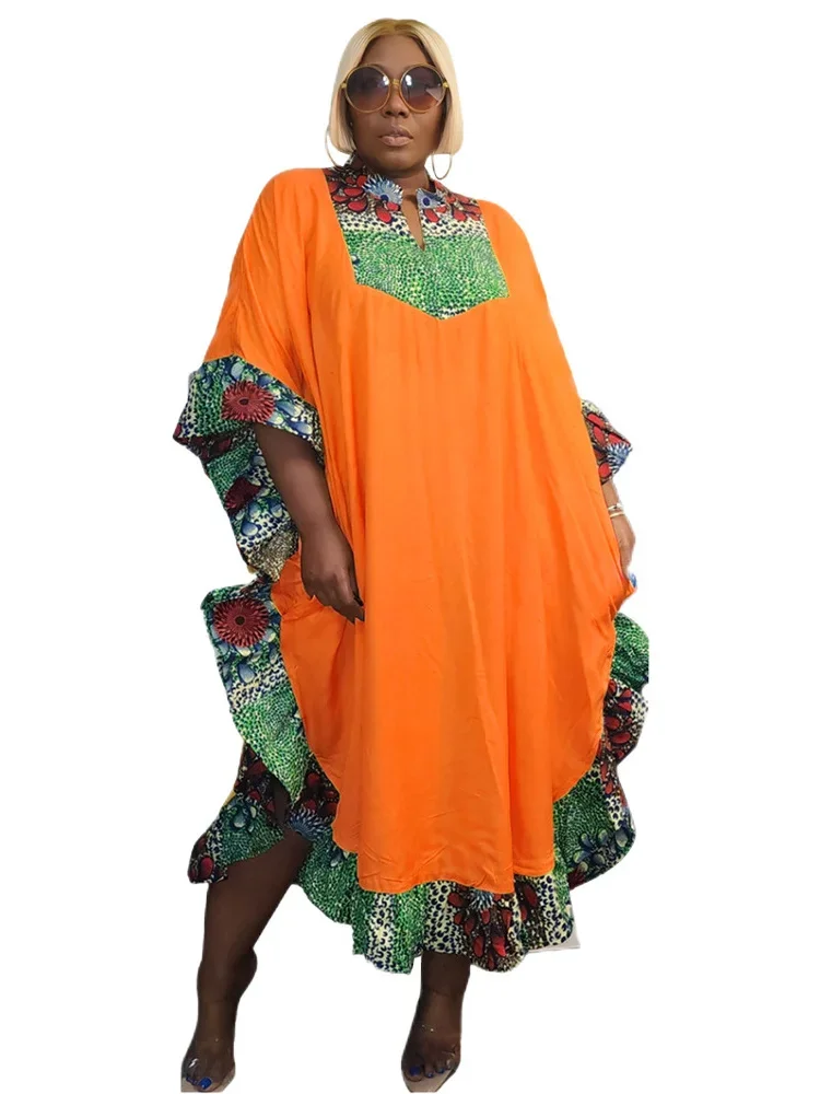 Wmstar Plus Size Dress Women Patchwork Africa Maxi Dress Outfits Formal V Neck Loose Floral Print Elegant Wholesale Dropshipping