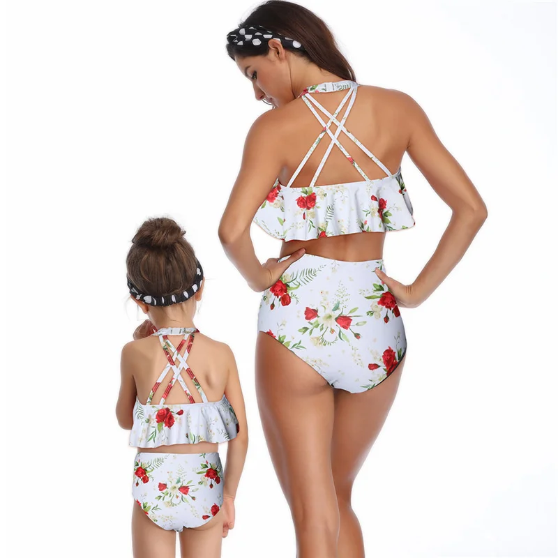 womens bathing suit cover up Flounce Family Matching Swimwear High Waist Family Swimsuit Two-piece Mum Girl Swimsuit Bathing Suit Mother Daughter Swimwear long sleeve beach dress