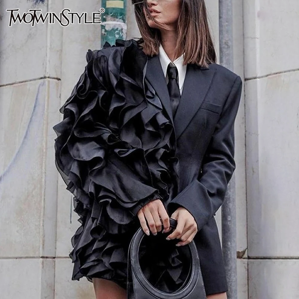 TWOTWINSTYLE Patchwork Ruffles Chic Blazers For Women