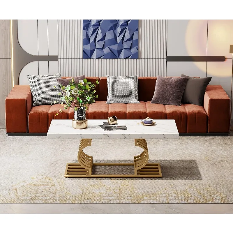 Modern coffee table, 47-inch imitation marble geometric frame cocktail table, rectangular table end table furniture 4