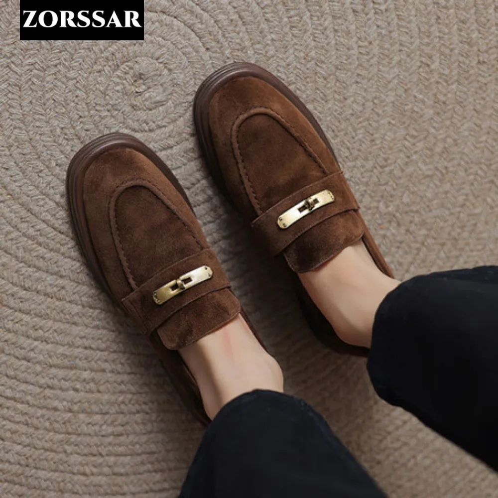 

Womens Casual Flats Shoes Sheepskin Summer Brown Slip on Moccasins Suede Leather Walking Lofers Shoe Females Zapatillas Mujer