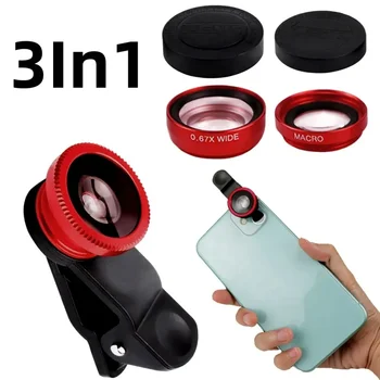 Obiettivo del telefono 3 in 1 Obiettivo grandangolare 0,67X Obiettivo macro Fisheye Kit fotocamera per iPhone 16 Xiaomi Huawei Obiettivo esterno per telefono cellulare