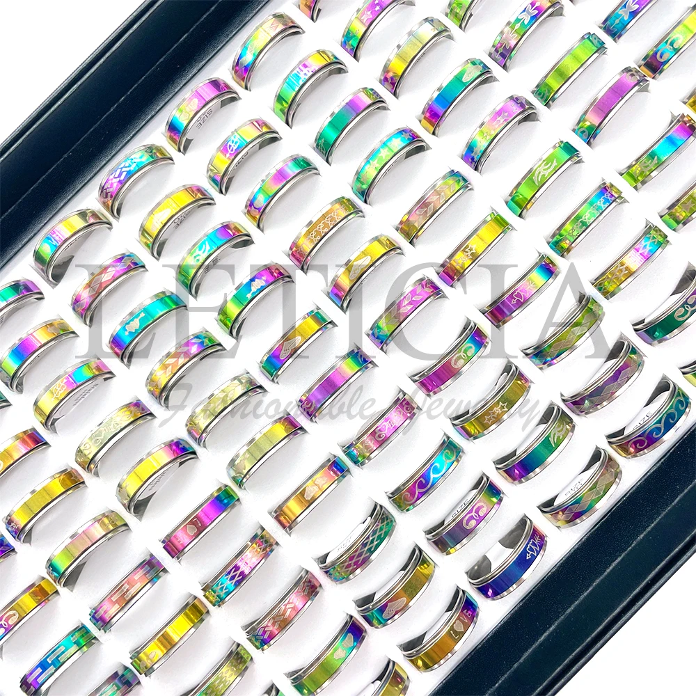 

50/100pcs Colorful Stainless Steel Ring Set Rotating Multiple Patterns Unisex Rings Fashion Jewelry Birthday Gift