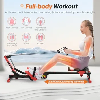 Rowing Machine, 4 in 1 Rowing and Ab Machine with 2 Levels of Workout Resistance, Quiet & Foldable Rower Machine with 3 Adjusta 3