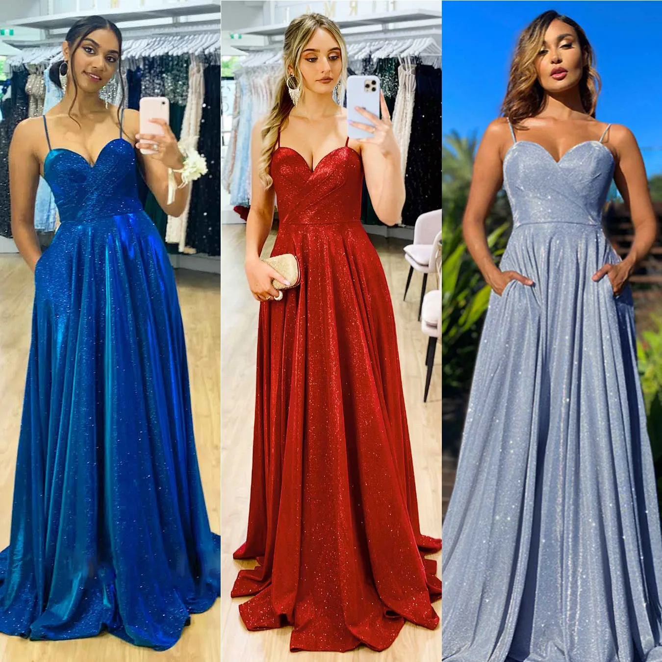 

2022 A-Line Spaghetti Straps floor-Length Red Satin Prom Homecoming Dresses Sparkly Sexy Hollow Night Evening Vestidos Women