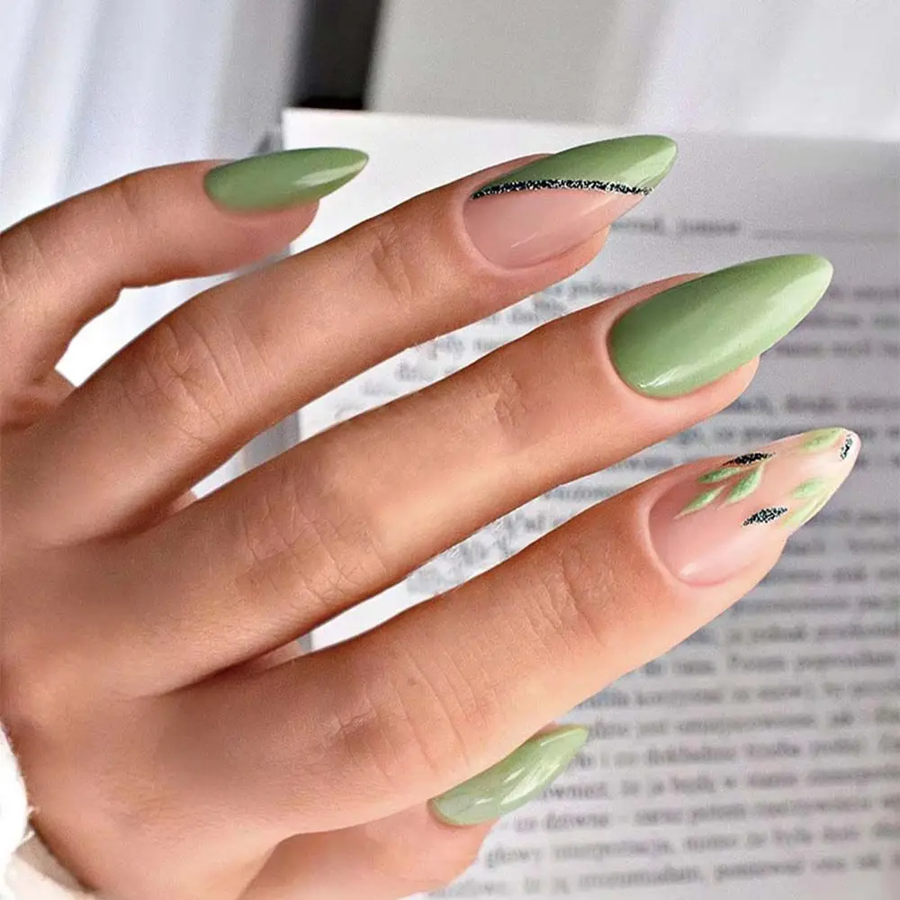 24pcs Almond Green Leaf Gold Foil Black Line False Nails Wearable French  Stiletto Fake Nails Full Cover Nail Tips Press On Nails - AliExpress