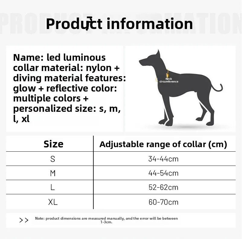 Product information and sizing table for the LED luminous collar, listing neck circumference measurements for sizes Small through Extra Large.