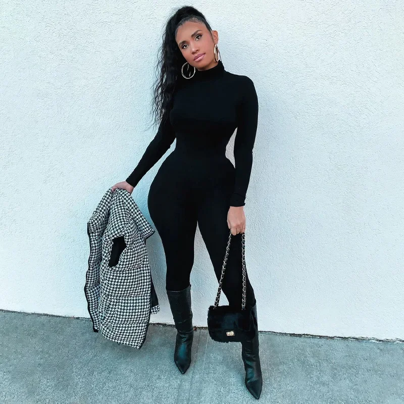 

Leisure Line Women SexyFashion Jumpsuit High Collar Long Sleeve Bodysuit Women Warm Ski Casual Sportswear Black Elastic Bodysuit