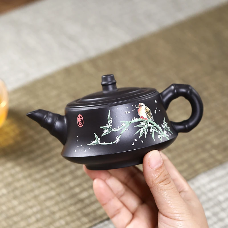 Chinese Style Bamboo pattern Teapot, Purple Clay Raw ore black mud, Kung Fu Household Supplies Pure Handmade 220cc Tea Pots, 1Pc