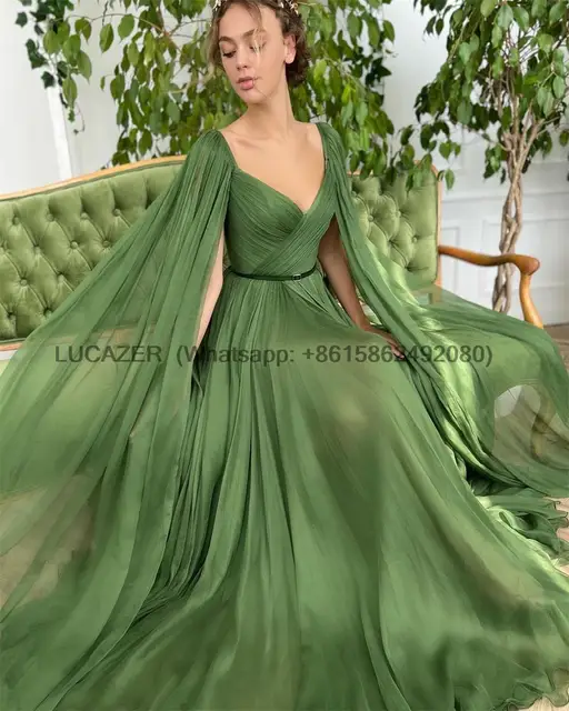 Fairy Green A-line Prom Dress With Shawl 100D Chiffon Party Dress With Belt  Sweep Train Evening Dresses Vestidos De Noche - AliExpress
