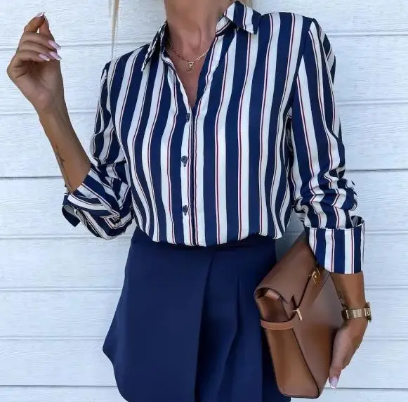 

Autumn New Striped Long-Sleeved V-Neck Ladies Shirt Shirt 2023 Fashion Daily Commuter Casual Blouse Top Women's Clothing