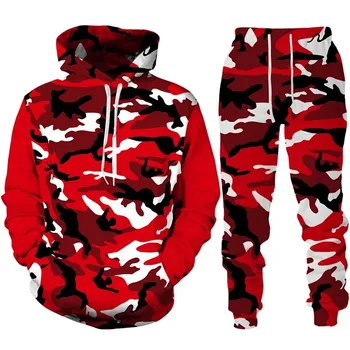 Autunno Camouflage 3D stampato Felpa con cappuccio da uomo Felpe Pantaloni sportivi Moda casual Due pezzi Tuta Set Abbigliamento da uomo 1