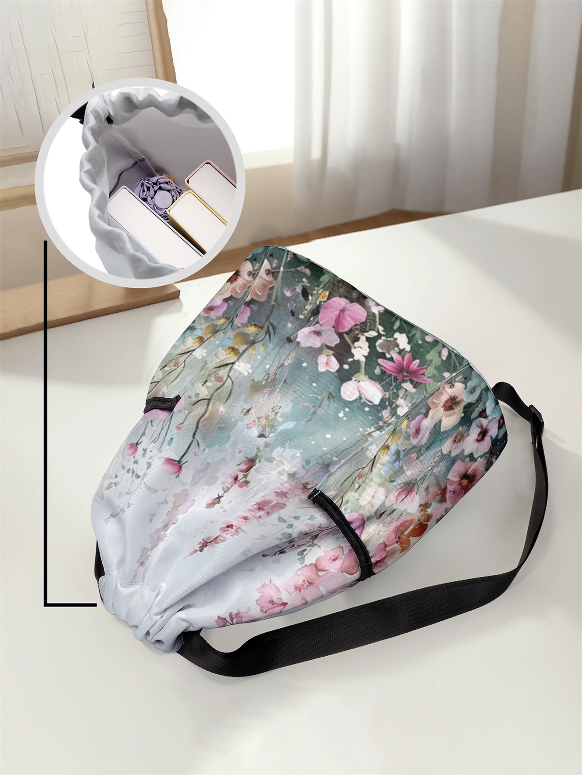 Floral Pattern Printed Drawstring Backpack - Large Capacity Durable Fitness Bag, Sports Beach Backpack