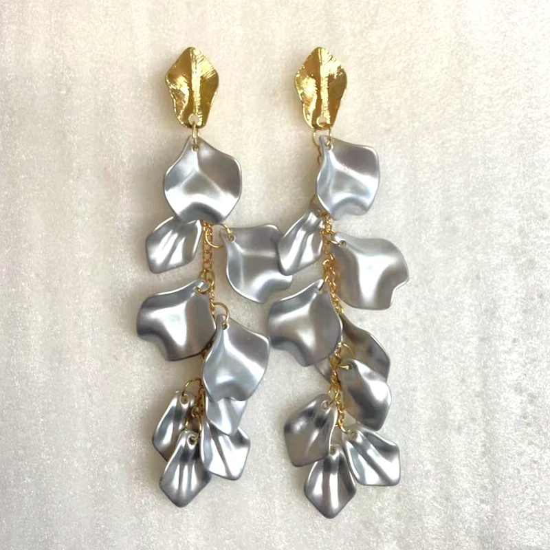 Gold Metal Leaf Acrylic Petal Tassel Earrings - Bold Floral Statement in Rose, Pink, and Orange