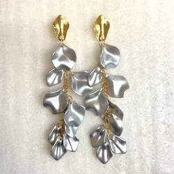Gold Metal Leaf Acrylic Petal Tassel Earrings - Bold Floral Statement in Rose, Pink, and Orange (Silver color)