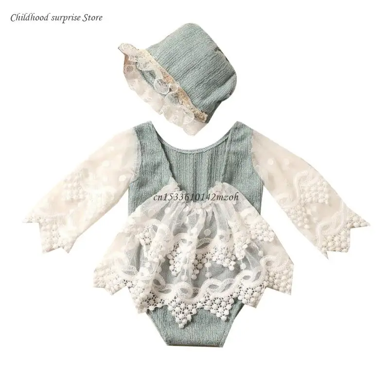 

Newborn Photoshoots Set Mesh Romper Lace Bonnet Hat Photo Props Baby Girl Photo Costume Infant Photography Bodysuit Dropship