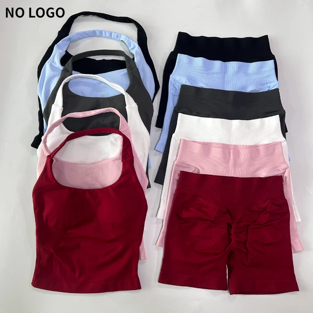 No Logo 2 Pieces Gym Set Women Backless Halter Tops High Waist Seamless Shorts Gym Suit Fitness Clothes Sportswear Workout Sets