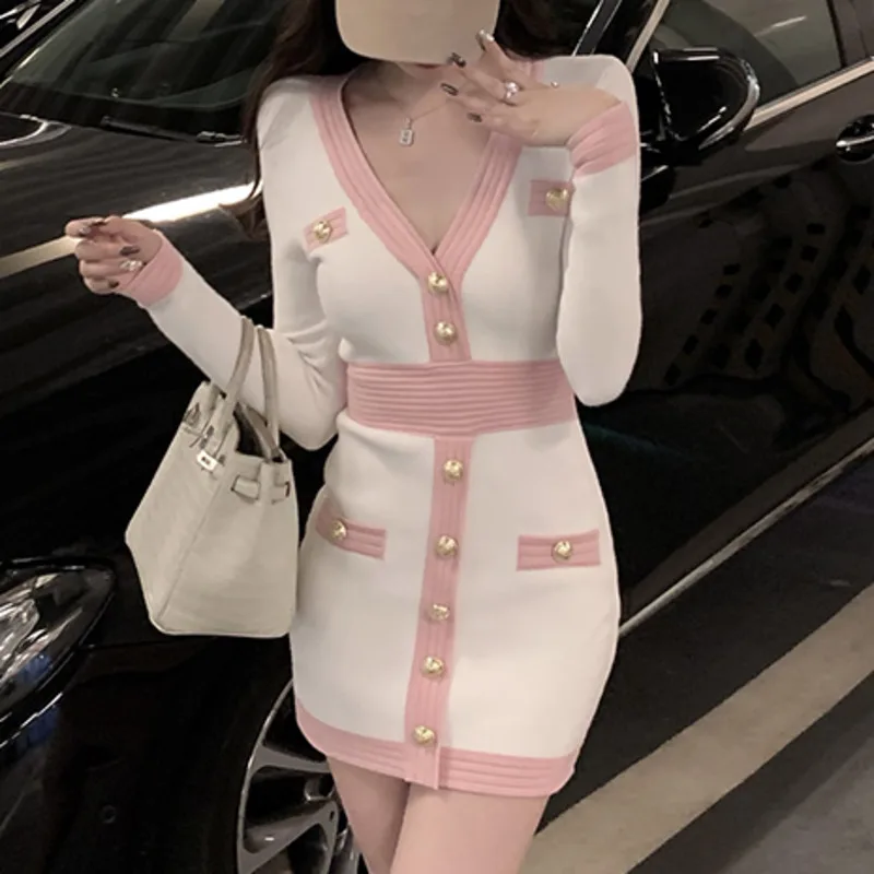 

Women's Retro V-neck Waist Knitting Long-sleeved Slim Sexy Tight Dress Female Temperament Casual Fashion Bottoming Short Skirt