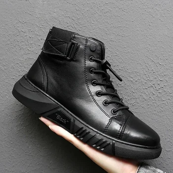 2024 Autumn Winter Fashion Men's Ankle Boots PU Leather High Quality Comfortable Black Leather Platform Casual Shoes 1