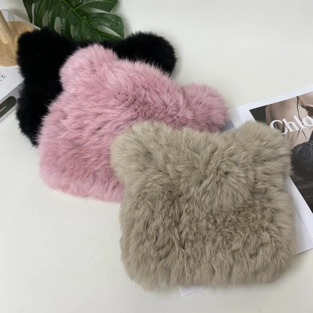 Mädchen Winter warme Mützen flauschige Strick Kaninchenfell Ohrmütze Mode süße schwarze Kawaii Mütze – Detail 2