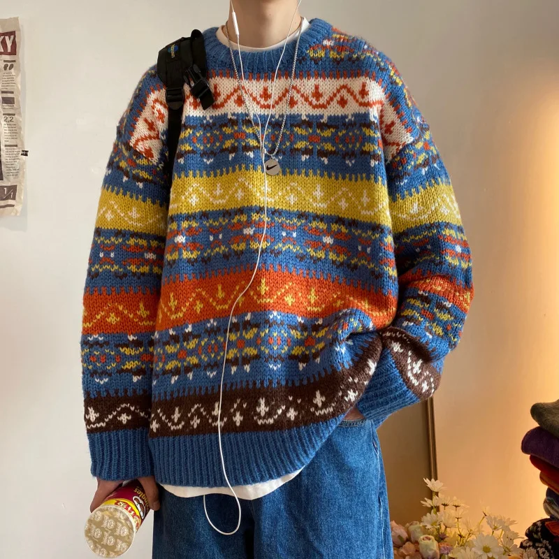 

Men's Fashion Colorblock Knit Sweater Winter New Thickened Pullover Harajuku Round Neck Loose Shirt Jacket Men Korean Clothes