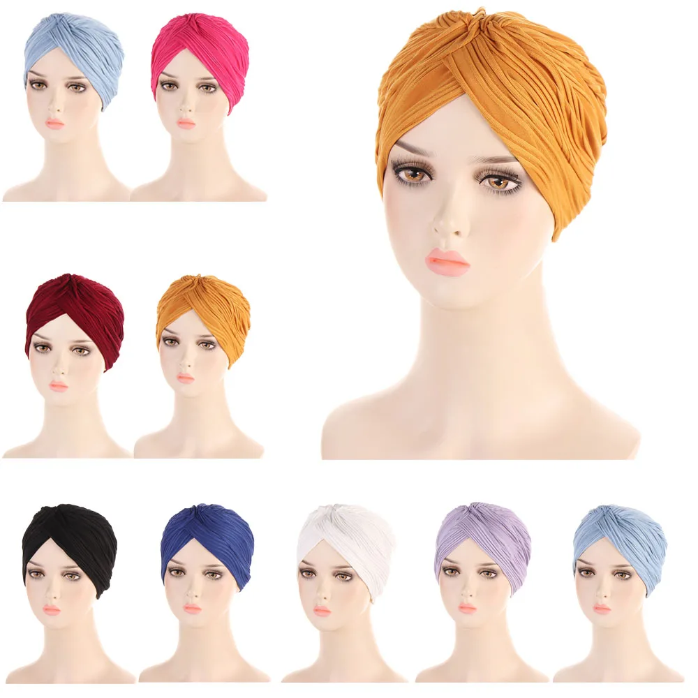 

Latest Pleated Knot Turban India Women Chemo Cap Muslim Hijab Beanies Bonnet Hat Stretch Hair Loss Cover Headscarf Wrap Skullies