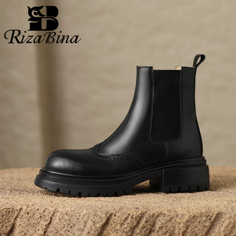 

RIZABINA Genuine Leather Women Chelsea Boots Retro Carved Chunky Heel Round Toe Slip-on Ankle Boots Platform British Style Boots