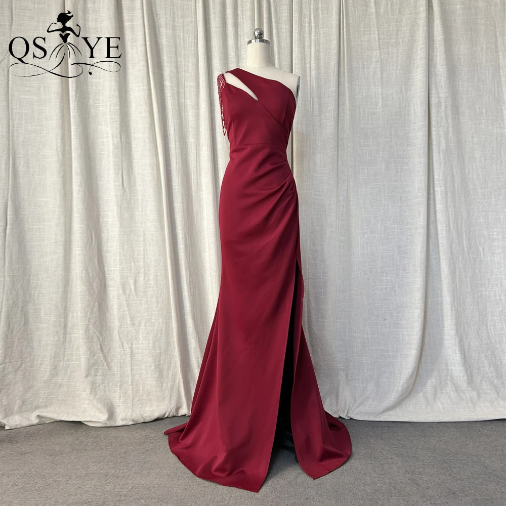 

Burgundy Evening Dresses Beaded Strings One Shoulder Long Prom Gown Mermaid Open Split Elastic Plain Dark Red Women Party Dress