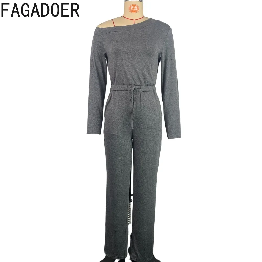 FAGADOER Autumn Casual One Shoulder Long Sleeve Slim Jumpsuits Women Solid Color Drawstring Pocket Playsuits Female Home Overall