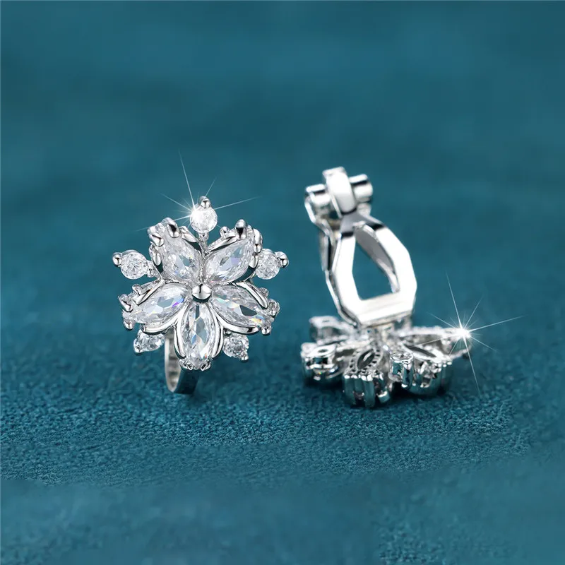 Clip Earrings Elegant Pink Crystal Sakura White Zircon Flower For Women Wedding