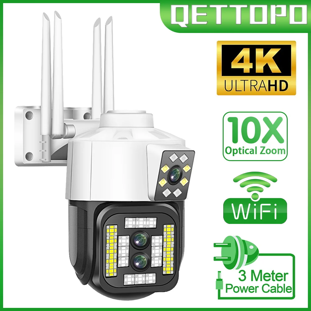

Qettopo 4K 8MP Triple Lens Dual Screen WiFi PTZ IP Camera Optical Zoom Auto Tracking Color Night Vision Outdoor Security Camera