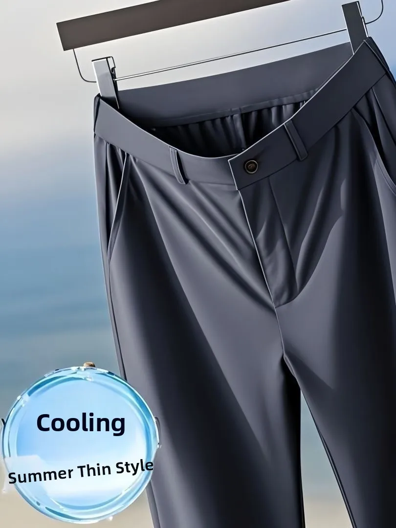 Silky Smooth Ice Silk Men's Pants Casual Loose Straight Leg Long Trousers Ultra-Thin High Elastici Busin Casual Wear