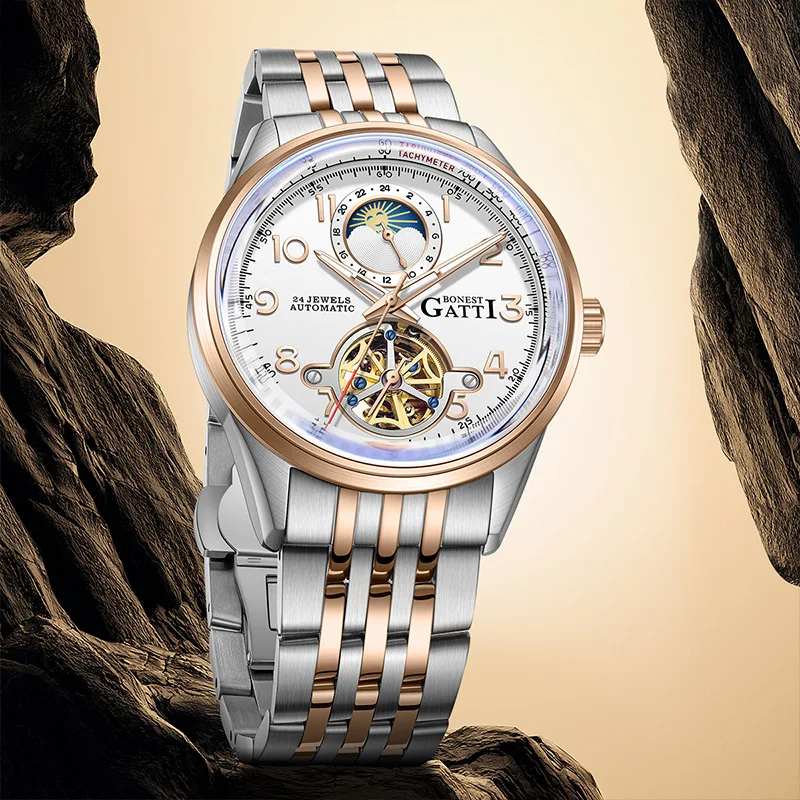 BONEST GATTI Watch men's multifunctional business tourbillon retro waterproof luminous hollow automatic mechanical watch