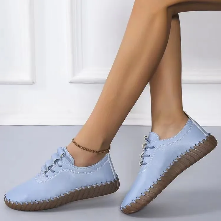 New Thick Soles Large Size Explosion Hand-stitched Beef Tendon Soft Sole Mother  Women Casual All Match Single  Sneakers Women