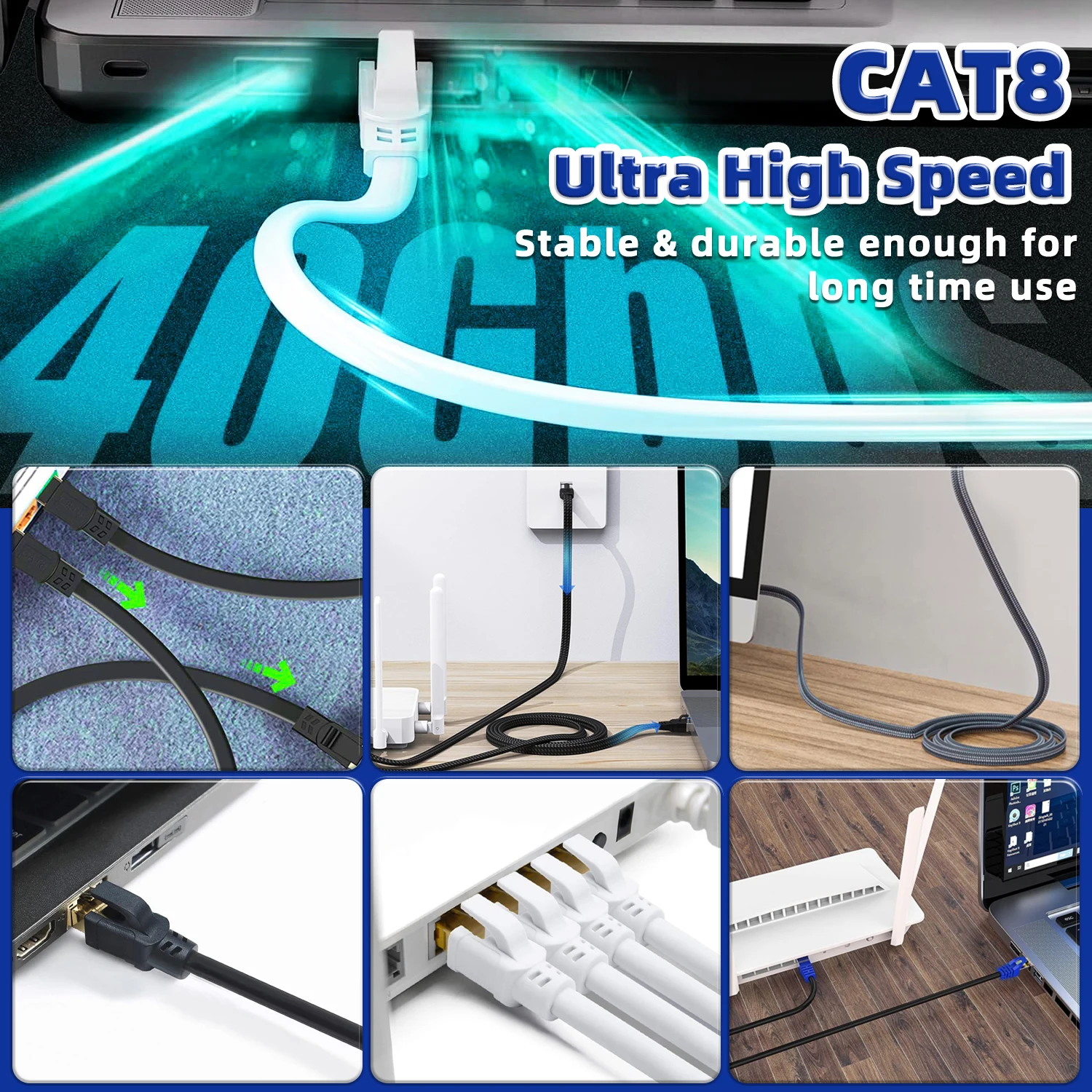 나일론 땋은 Cat8 이더넷 케이블 PS5 노트북 라우터 용 40Gbps 2000MHz 고속 RJ45 네트워크 코드 낮은 Cat8 케이블 이더넷