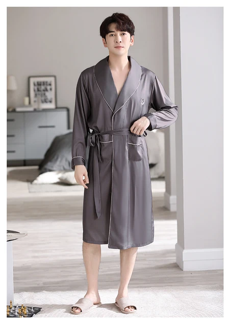 Solido Casual Bata De Dormir Hombre Pijama De Satén De Seda Para